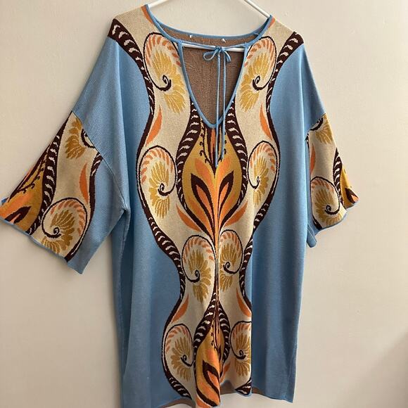 Zara Oversized Boho Jacquard Knit Tunic Mini Sweater Dress Kaftan Short Sleeve M - Picture 3 of 9